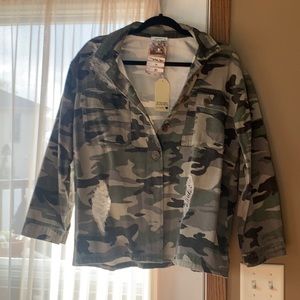 Camo distressed denim jacket NWT